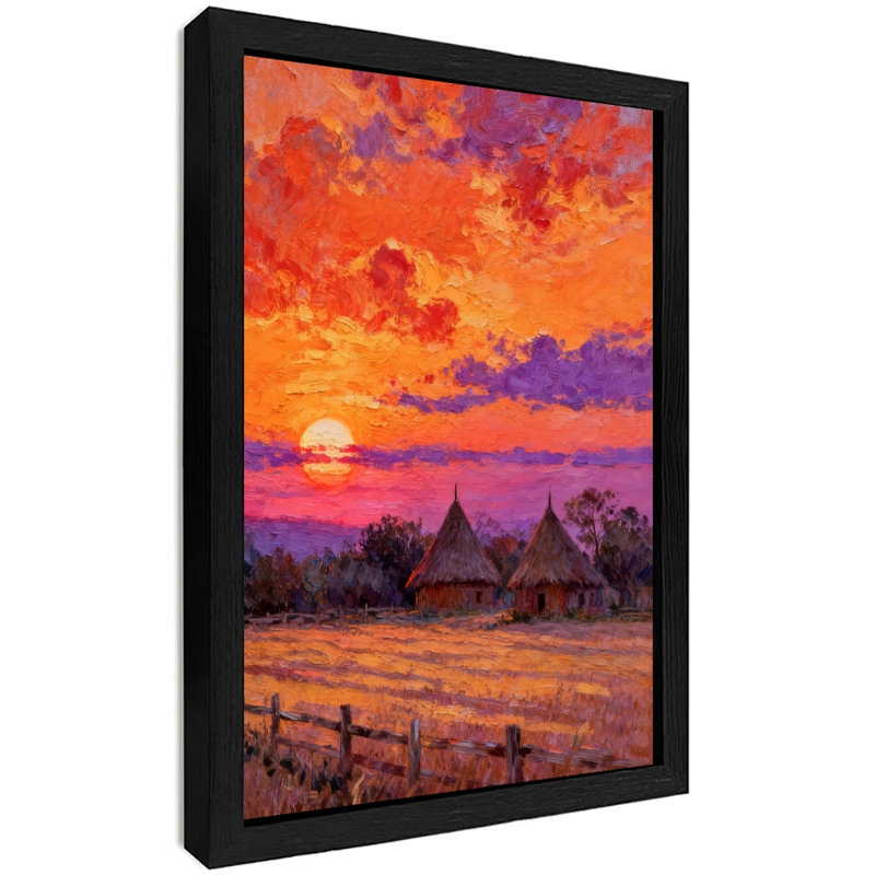 Art encadré noir «Le village sous le soleil couchant et le coucher du soleil», impressions sur toile de style rétro