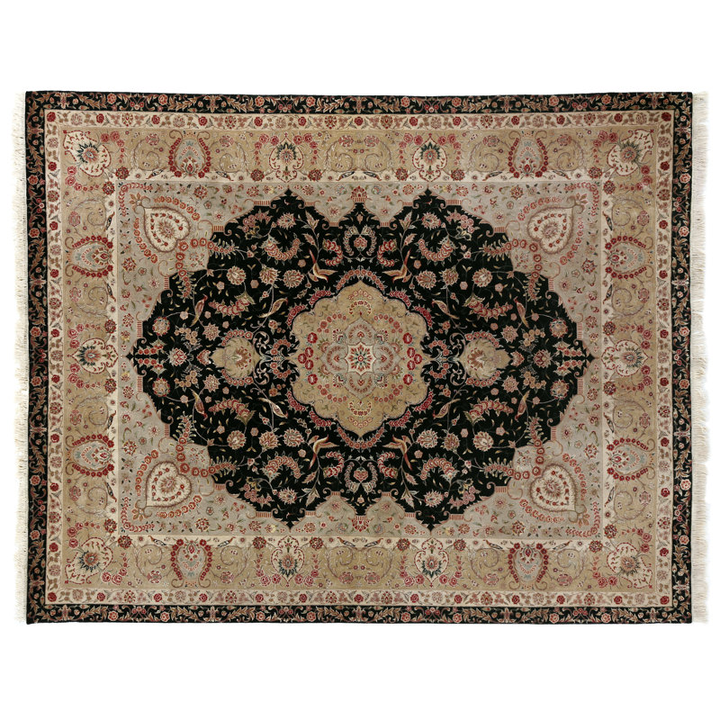 Super Fine Tabriz hand-knotted New Zealand Wool Black/Ivory Area Rug, 9'X12'
