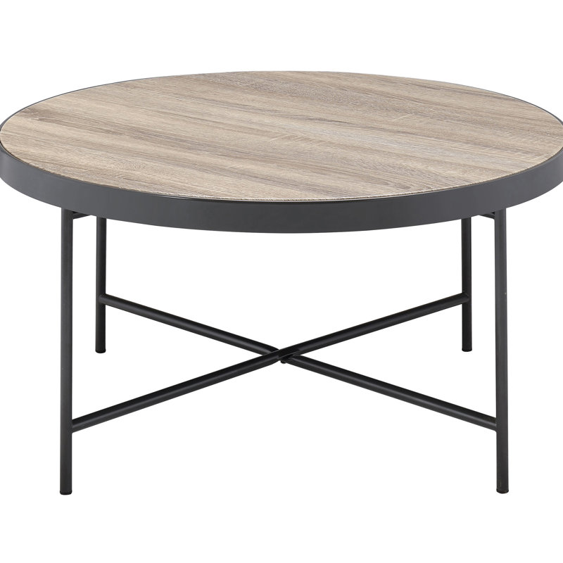 Table basse en chêne gris patiné et noir patiné, finition industrielle avec table croisée en X, forme ronde, garniture en métal