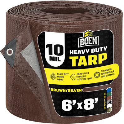 Boen 10 ft x 10 ft Brown/Silver Tarp, 10 Mil Thick Waterproof Heavy Duty Cover, Rip Proof Tarps, Thick Weave Material, UV Resistant Great for Tarpaulin Canopy Tent, Boat, RV or Pool Cover