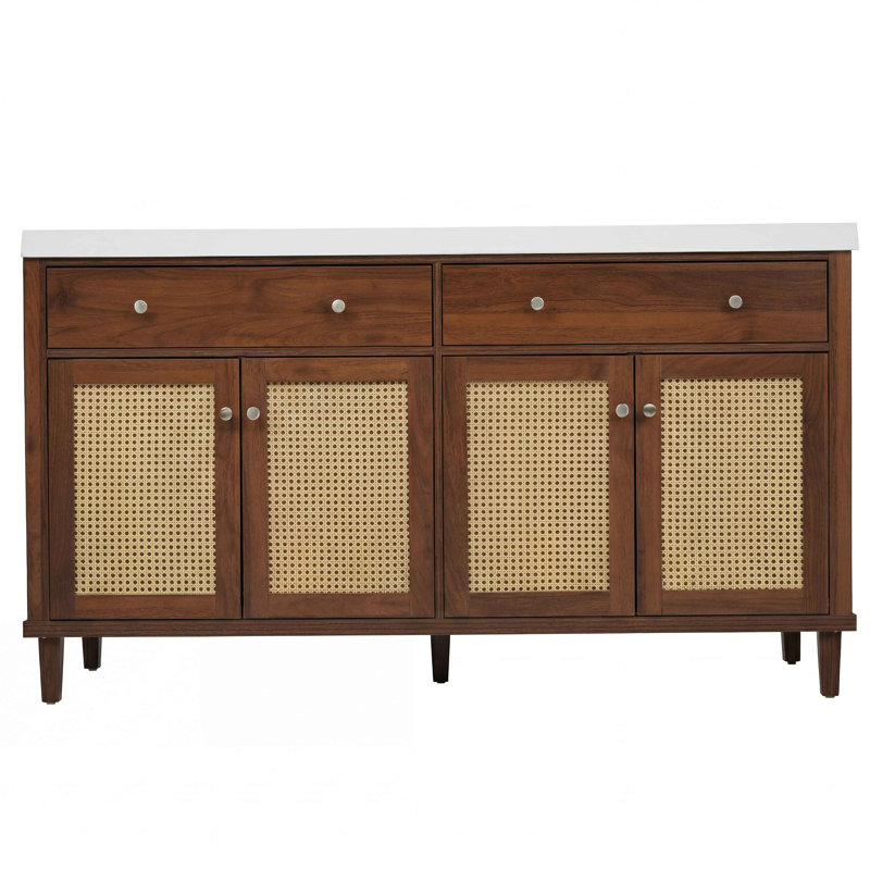 Meuble-lavabo de salle de bain avec lavabo double (lavabo SMC), grand espace de rangement avec 2 plateaux rabattables / 4 tiroirs rabattables et 4 portes à fermeture douce, pieds en bois massif et poignées en métal argenté
