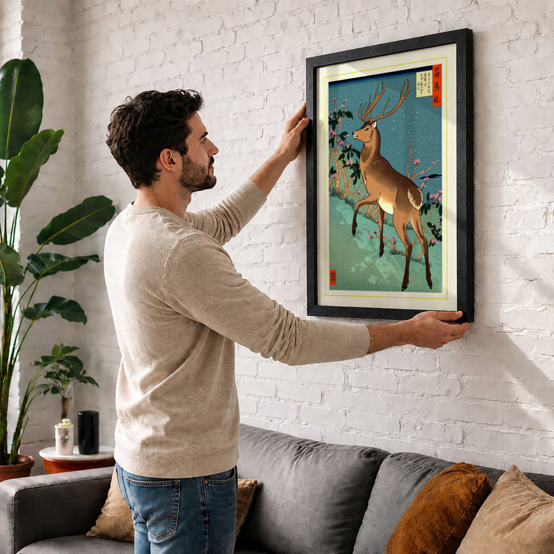Leaping Deer Japandi - Framed Print, Walnut, A4 - 29.7 x 21.0 cm
