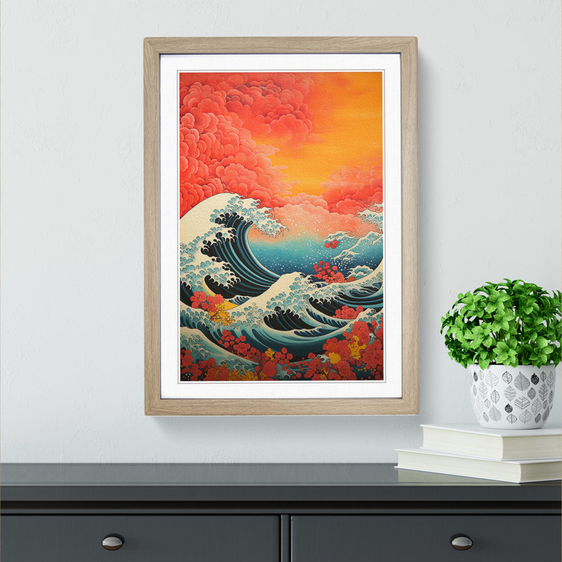 XYZ-FRM-V1223-6454 Wave Japanese Colour Field No.2 - Single Picture Frame Print on Wood, Oak, 46cm H x 34cm W x 2cm D