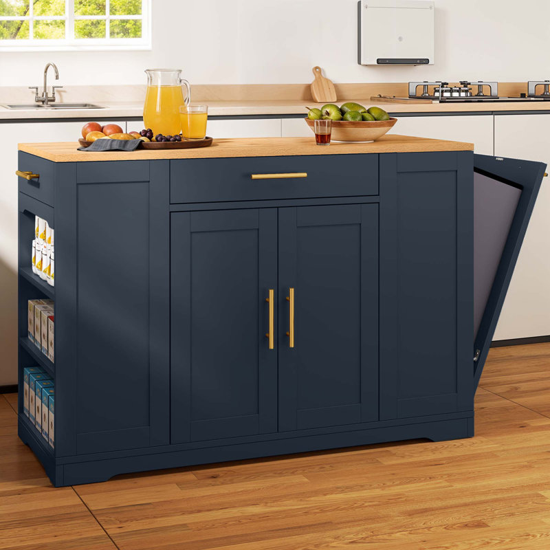 Îlot de cuisine 53 po avec rangement pour poubelle, tablettes à 3 niveaux et 2 tiroirs, Bleu
