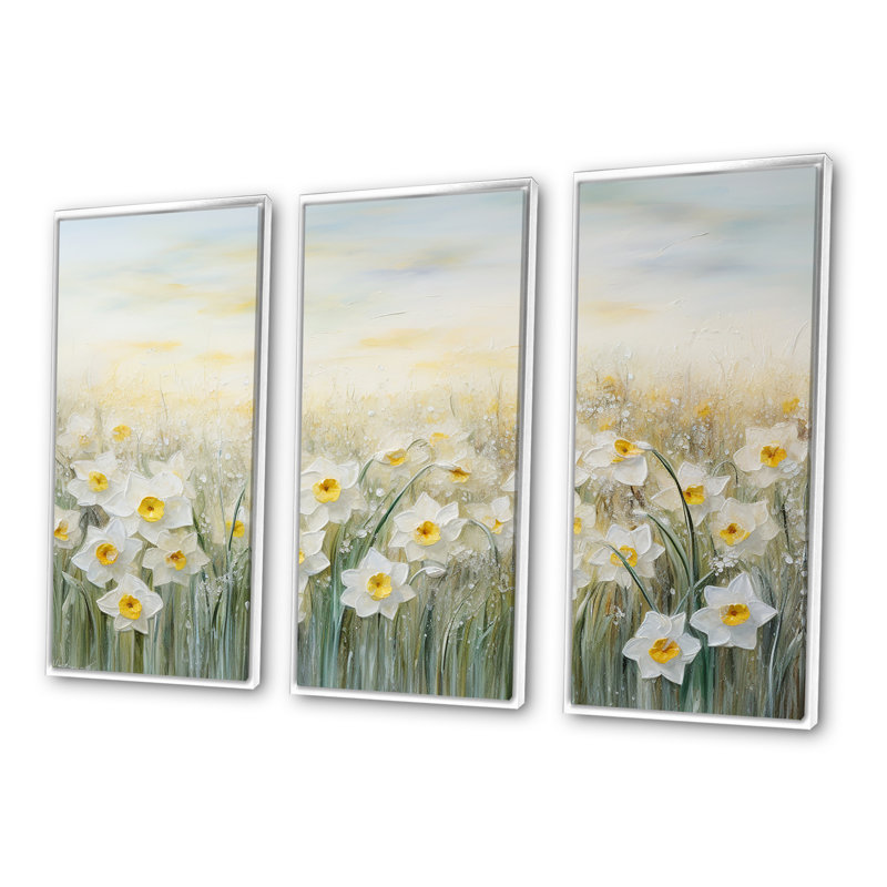 Ensemble de salon Daffodils Tranquility Floral Field III - Flower Field Wall Art, Cadre flottant blanc