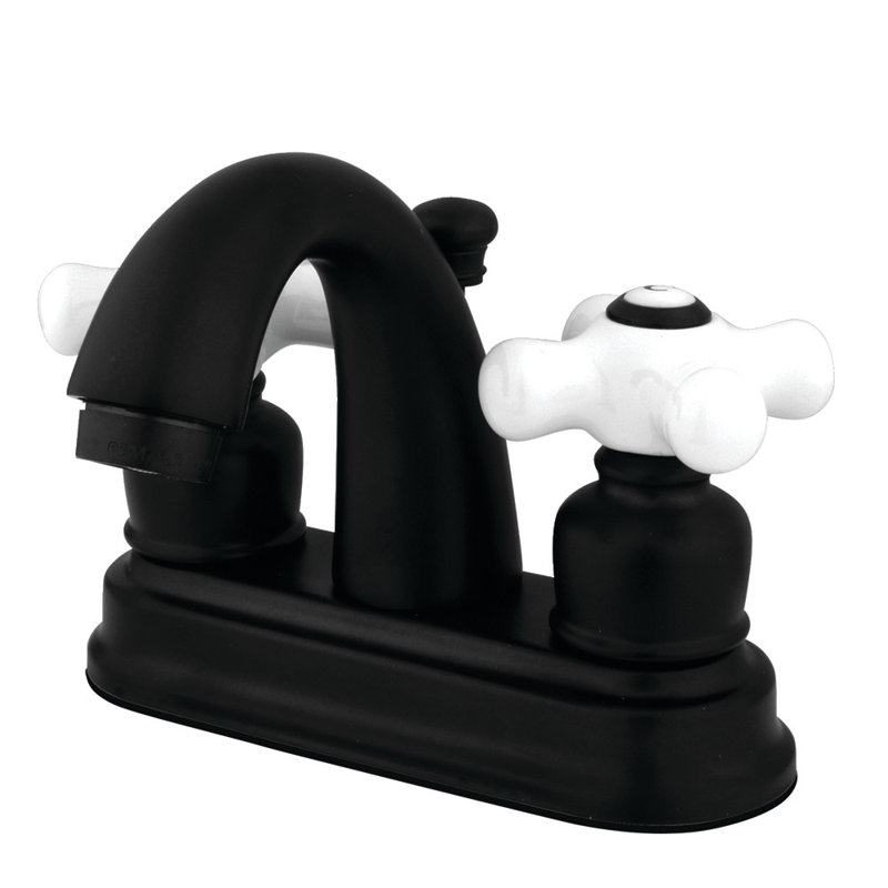 Kingston Brass Restoration Two-Handle 3-Hole Deck Mount 4" Centerset Bathroom Faucet with Plastic Pop-Up, Matte Black