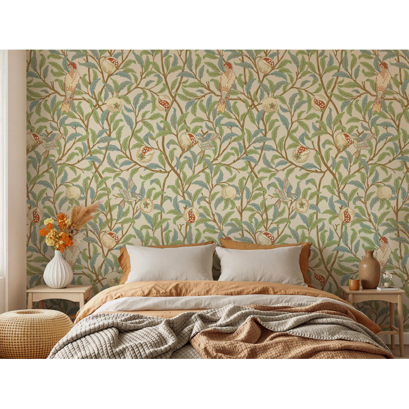 Papier peint rétro vert botanique et grenade, 100" L x 180" W, Peel & Stick