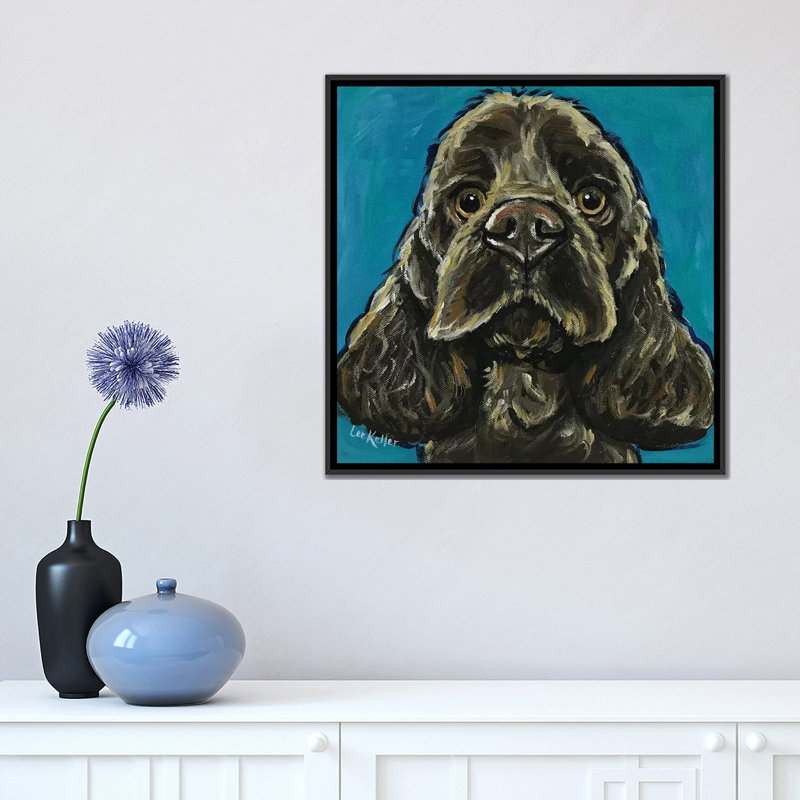 «Cocker Spaniel On Teal» par Hippie Hound Studios, impression sur toile tendue, H 18 po x l 18 po x P 1,5 po, Pas de tapis