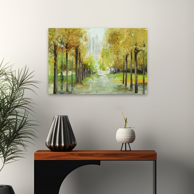 Golden Pathway, paysage, arbre, sentier, peinture, impressionnisme, art naturel, art contemporain, H 24 po x l 16 po