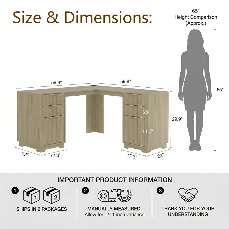 Bureau de direction en L 59 po avec tiroirs de rangement - Poste de travail d'angle transitionnel moderne pour bureau à domicile