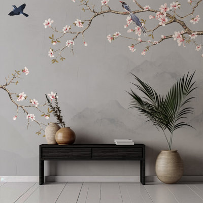Murale grise fleur de cerisier japonais | Papier peint branches oiseaux et sakura | Non-tissé ou pelez et collez