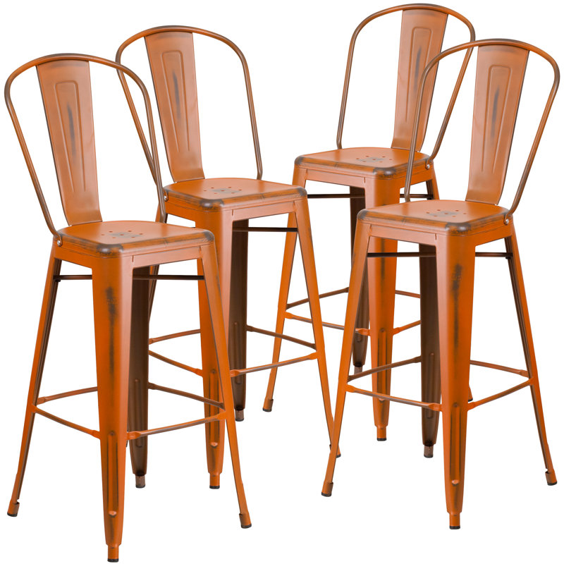 Angelean 24" High Distressed Metal Indoor-Outdoor Counter Height Stool - Back, Orange, Bar Stool (30" Seat Height)