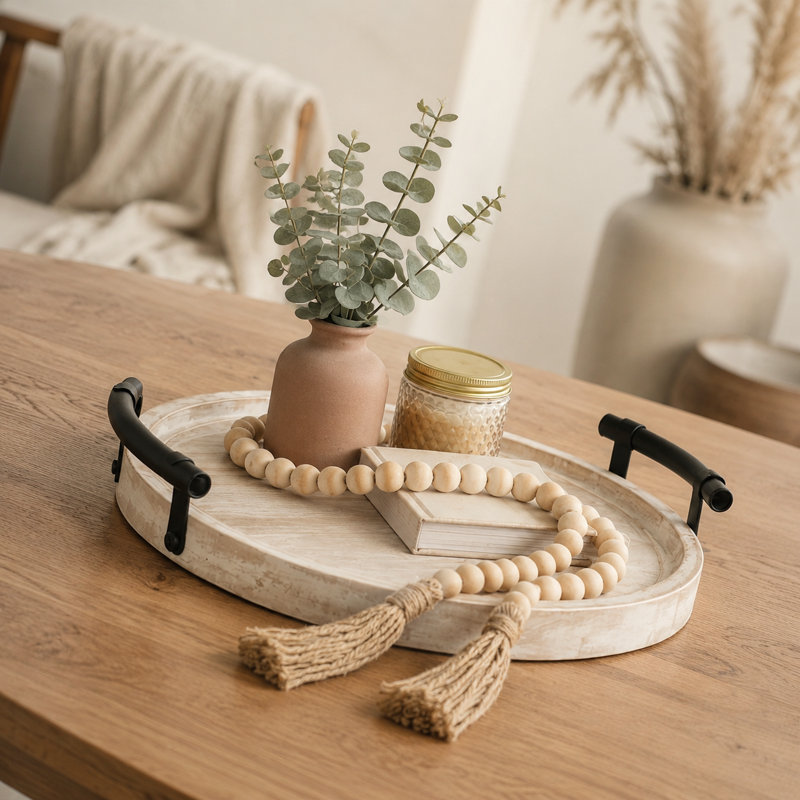13" Round Decorative Wood Tray With Handles Whitewashed Farmhouse Home Decor