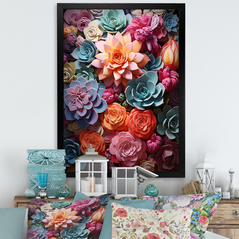 Larghetto Colorful Succulents Delight sur impression sur toile, Cadre photo noir, H 20 po x l 12 po x P 1 po