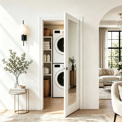 Interior Door Slab with Frame - 1 Lite Mirror White MDF Door, Prehung-Style Door Kit with Pre-installed Hinges, Locking Silver Handle Included, No Pre-drilled Holes