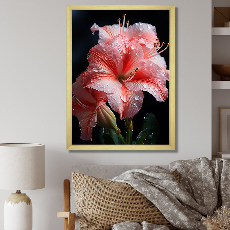 Fleur de lis rose III - art mural Lily, Cadre photo doré simple, H 32 po x l 16 po x P 1 po