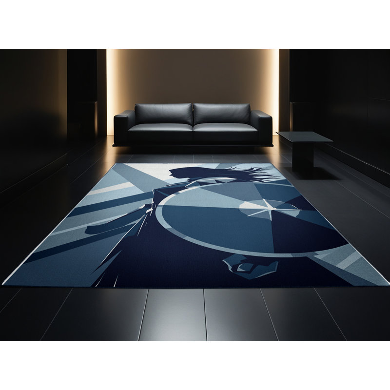 Tapis géométrique bleu et bleu marine délavé à la machine Barnesville Shield Maiden, 2 x 5