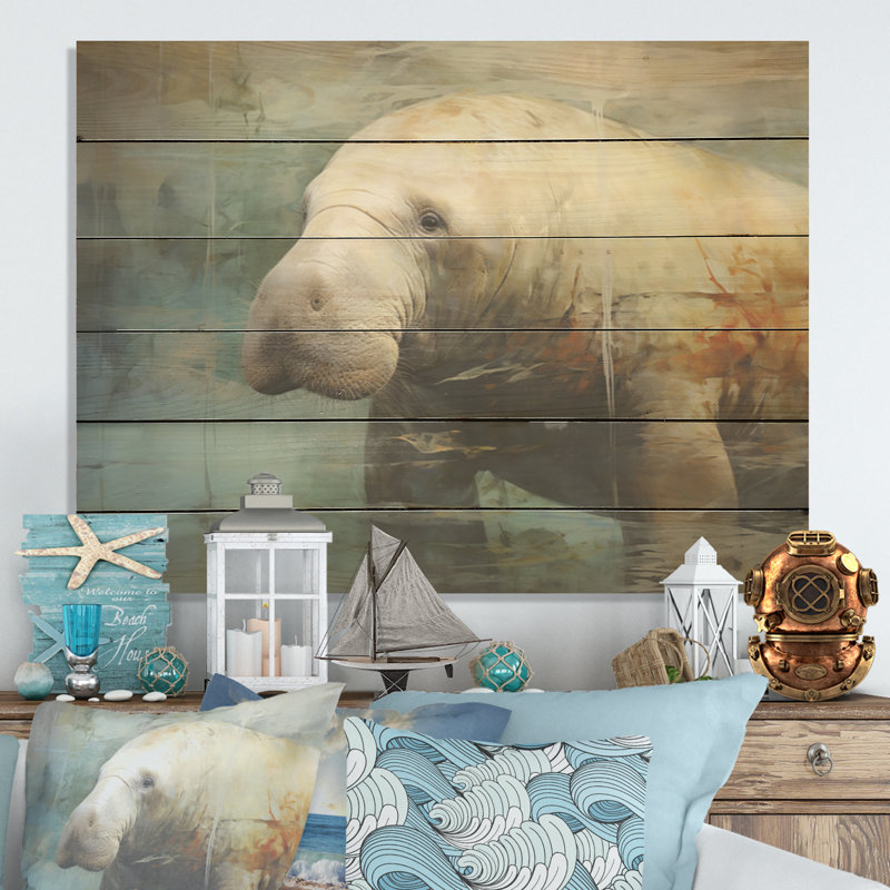 Gris humble lamantin - Art mural en bois de lamantin sur bois de pin naturel, H 10 po x l 20 po