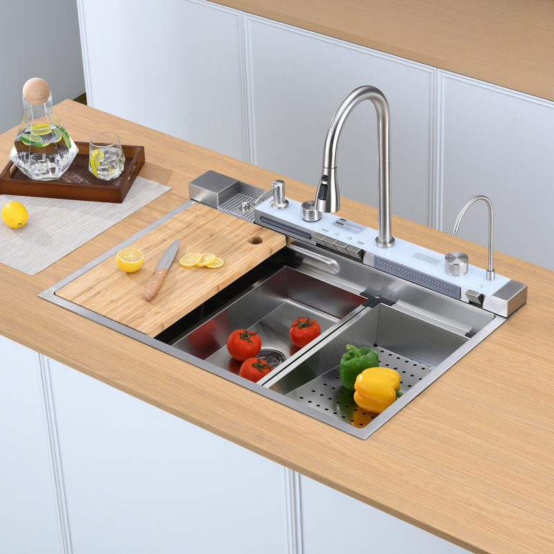 33"L × 22"W Drop-in Single Bowl Stainless Steel Kitchen Sink with Digital Display Workstation Sink, Brushed Nickel