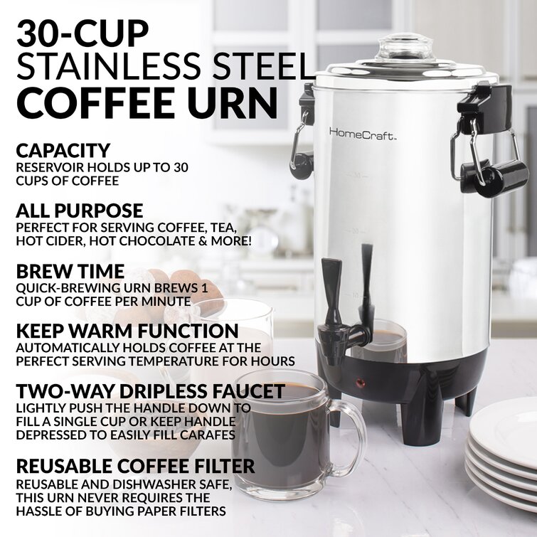 HomeCraft 40 Cup Coffee Urn and Hot Beverage Dispenser with Quick-View  Brewing and Dripless Faucet, Stainless Steel