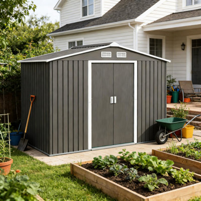 Remise de jardin avec portes doubles verrouillables, construction en acier galvanisé, toit incliné, ventilation, assemblage requis à l'extérieur pour l'équipement de pelouse, acier, conception, fentes de ventilation, trousse de fondation