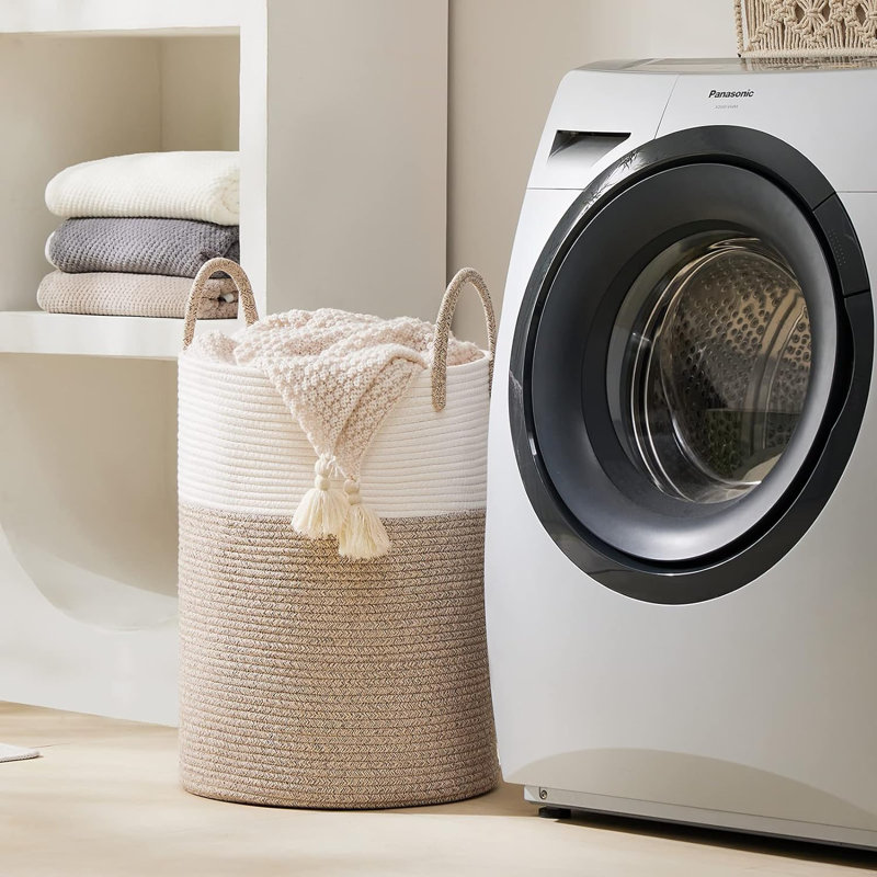 Panier à linge Kaecyn, Blanc / Brun