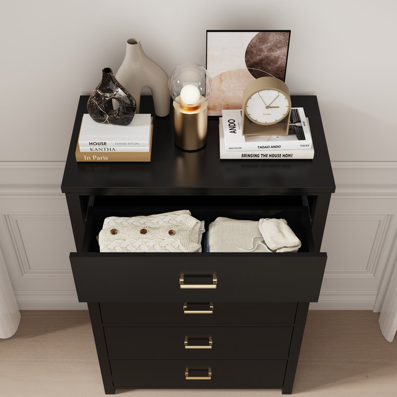 Commode à 5 tiroirs en bois massif de style Mid-Century avec tiroirs coulissants, Noir