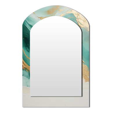 Or et noir Soft Wave Fusion I - miroir à arche de formes abstraites, miroir mural asymétrique beige unique, impression d'art en métal
