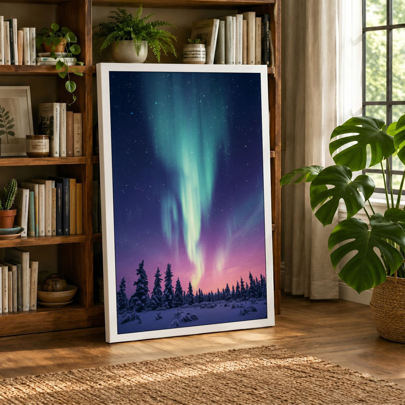 Aurora Over Silent Forest Scandinavian - Wrapped Canvas, 36x24 - 91.4 x 61.0 cm, Teal Border