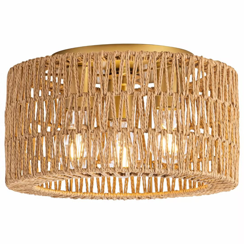 Plafonnier encastré 3 lumières en rotin, Doré
