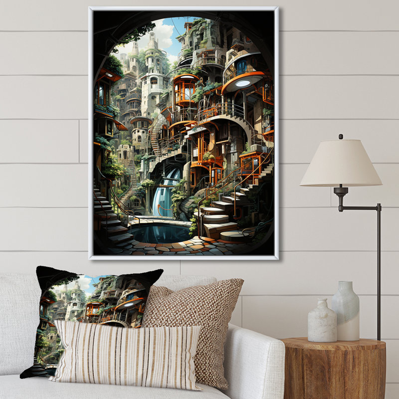 Animations, ville futuriste - salon d'art mural, Cadre flottant blanc, H 44 po x l 34 po x P 1,5 po