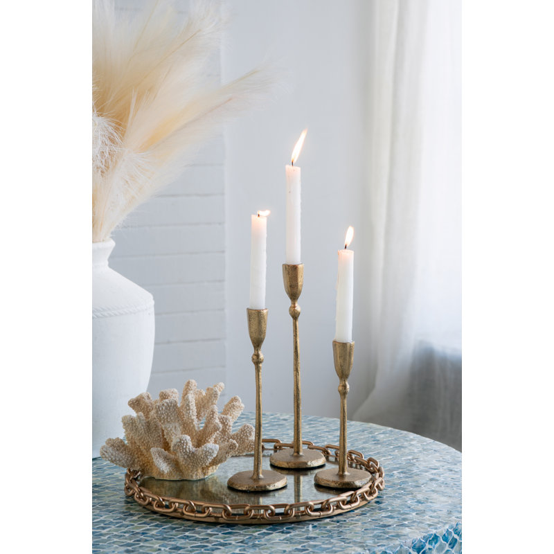 Gold Iron Candlesticks with Round Base - Set of 3