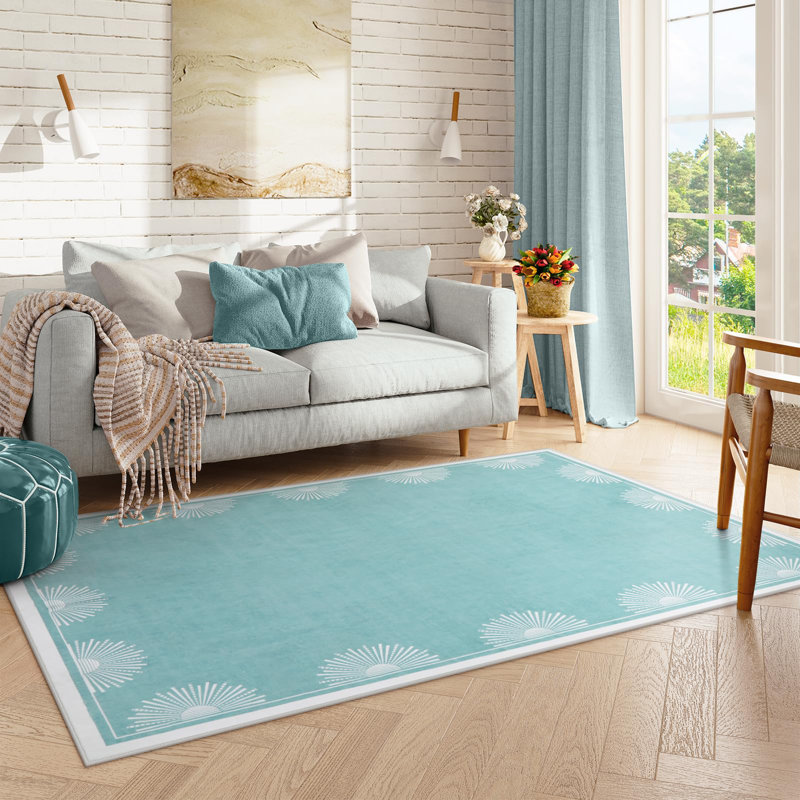 Modern Washable Bedroom Rugs Low Pile Soft Rug for Living Room Aqua Sun Printed Dining Room Rugs for Under Table Throw Carpets for Nursery Kids