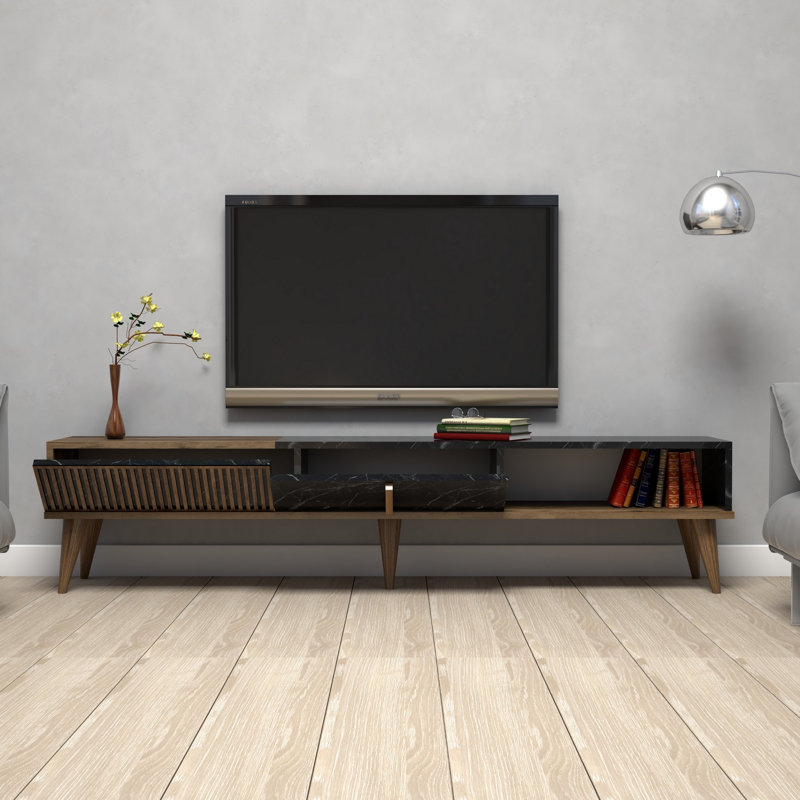 Modern TV Stand with Wall-Mount Option, Walnut & Black Finish, 70.9 x 15.7 x 15.7 inches | 100% Melamine Coated Particle Board, Thickness: 0.7 inches | Plastic Legs, 66 lbs Weight Capacity, Stylish Scandinavian Design, Multiple Shelves