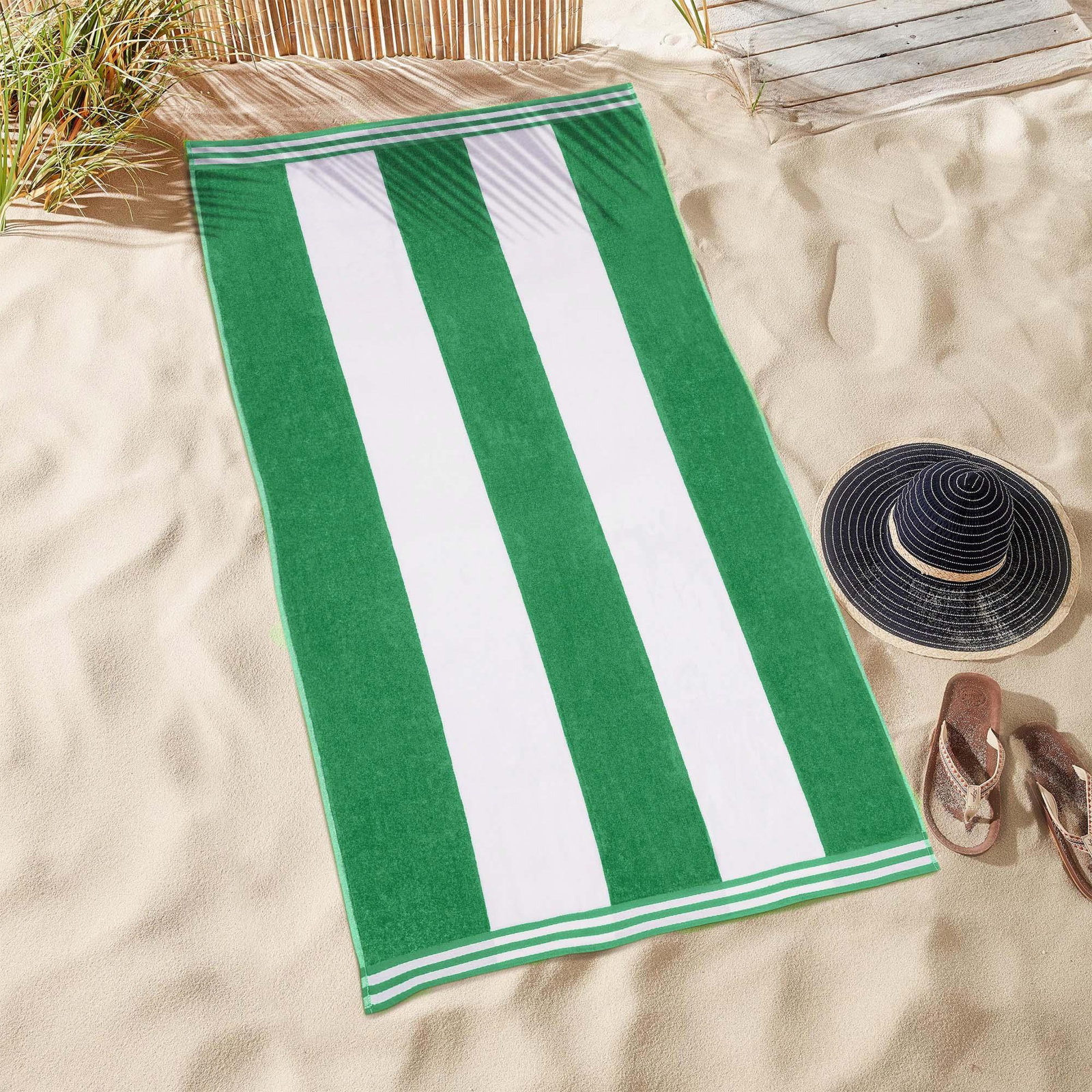 Oversized Cabana Striped Cotton Beach Towels, Dark Green, 6