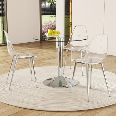 Modern 35" Transparent Tempered Glass Round Dining Table Set With Silver Metal Base And Three Transparent Plastic Chairs