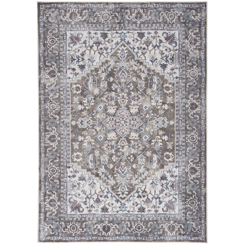 Tapis oriental ivoire / olive en coton / polyester lavable à la machine, Rectangle 4 pi x 6 pi