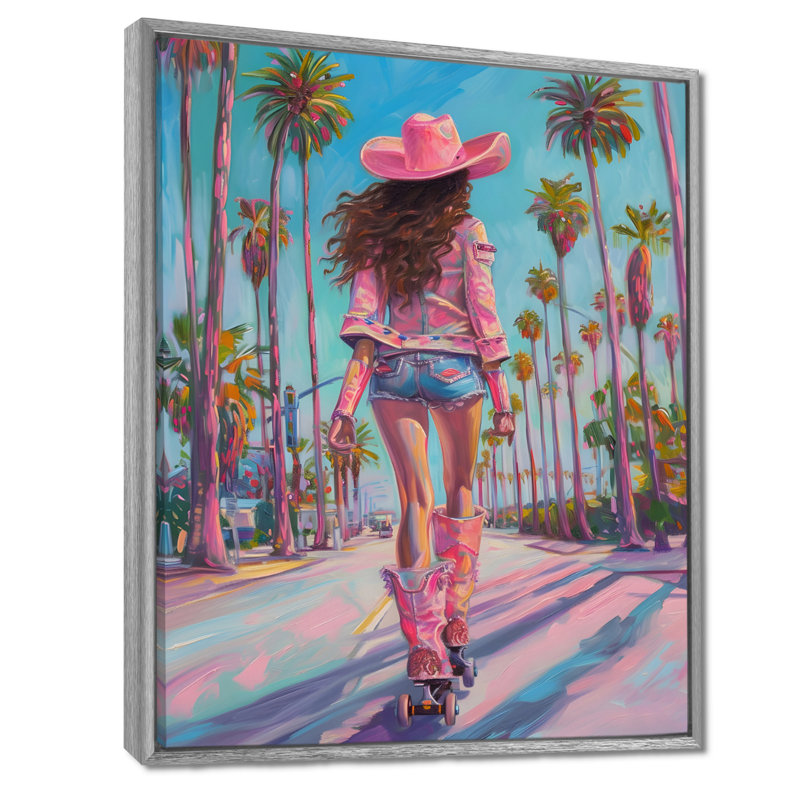«Cowgirl Rollerblading Down Sunset Boulevard» - décoration murale Cowgirls, Toile argentée avec cadre flottant