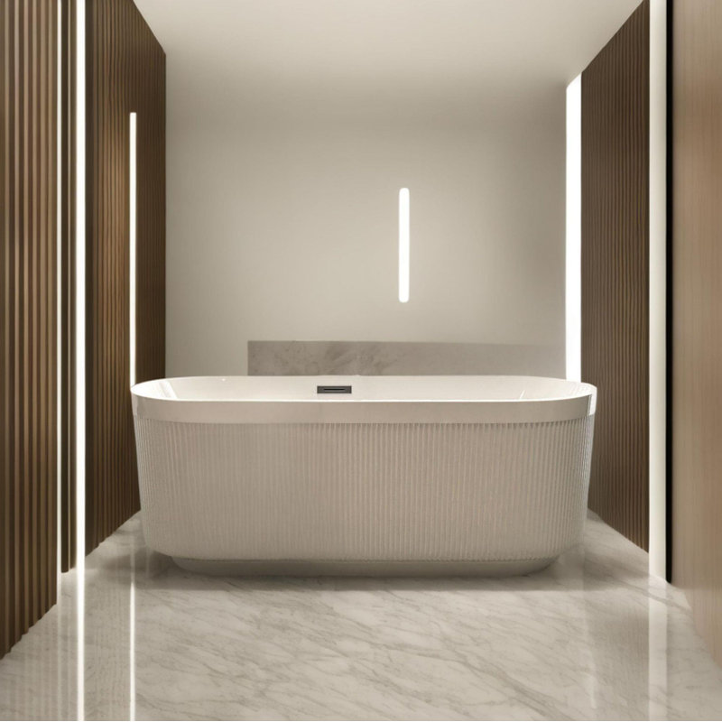Baignoire autoportante autoportante de 59 po en acrylique linéaire, blanc brillant, bonde chromée Pop-Up, certifiée cUPC 