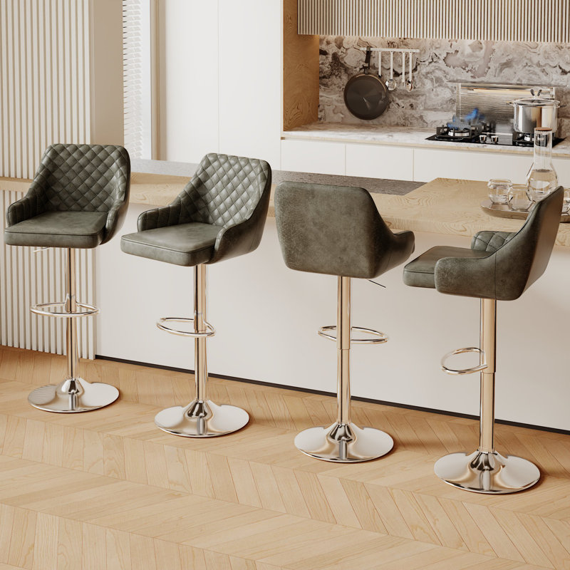 Ensemble de 4 tabourets de bar Aryelle, tabourets réglables à hauteur de comptoir avec dossier et accoudoirs, chaises de bar pivotantes modernes avec repose-pieds, tabourets de cuisine en polyuréthane revêtus d'îlot de cuisine, gris