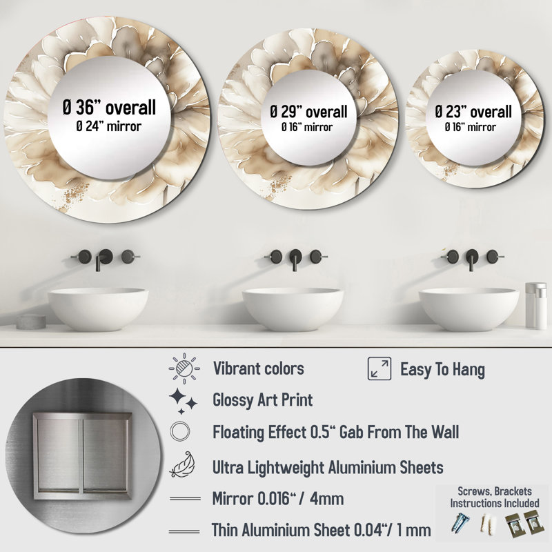 Quamari fleur simple beige IV - miroir mural décoratif floral, miroir rond beige, impression d'art en métal, 23 po x 23 po