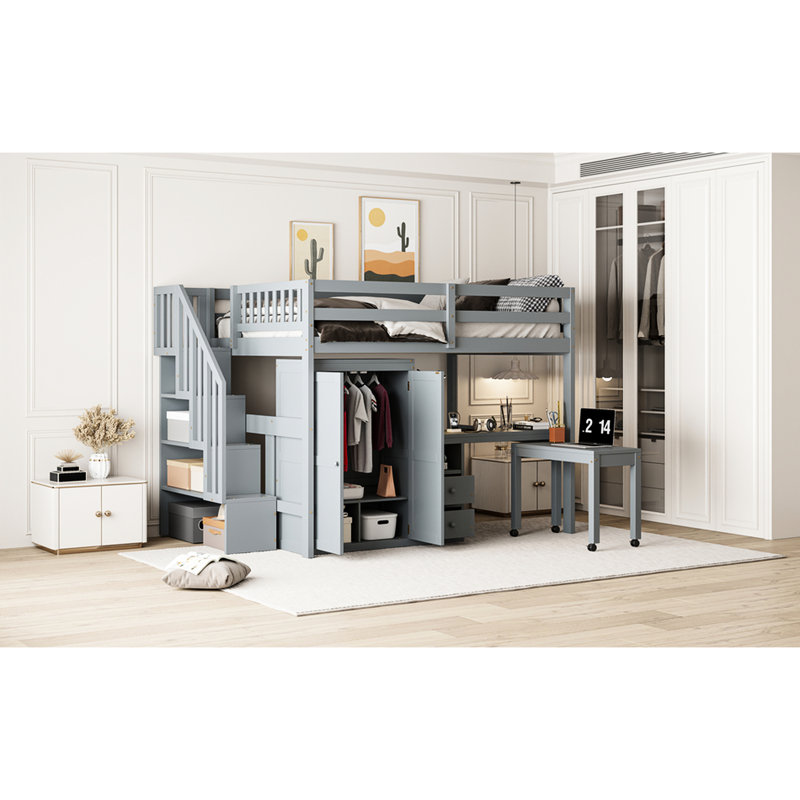 Lit mezzanine double pour et adolescents - Gris. Comprend des escaliers, une bibliothèque, des tiroirs et une armoire de bureau. Fabriqué en bois de pin massif et Pièce de chambre peu encombrante incluse