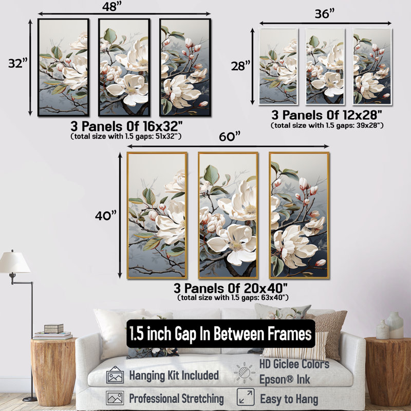 Whispered Beige Magnolias Serenade I - Ensemble de décorations murales Magnolias, Cadre naturel flottant