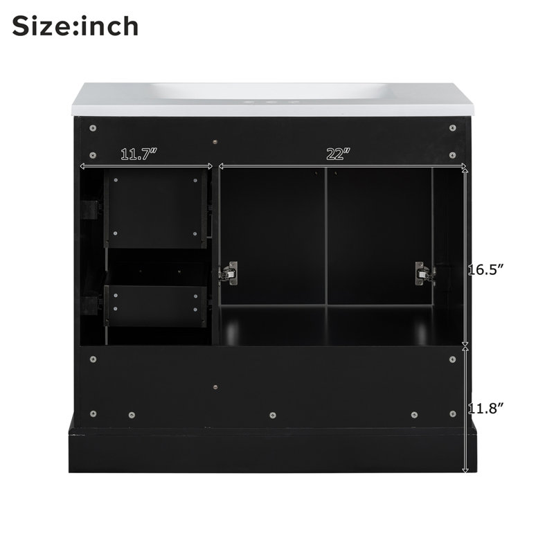 Ensemble de meuble-lavabo traditionnel 36 po avec lavabo en résine, armoire de salle de bain noire avec deux portes et quatre tiroirs