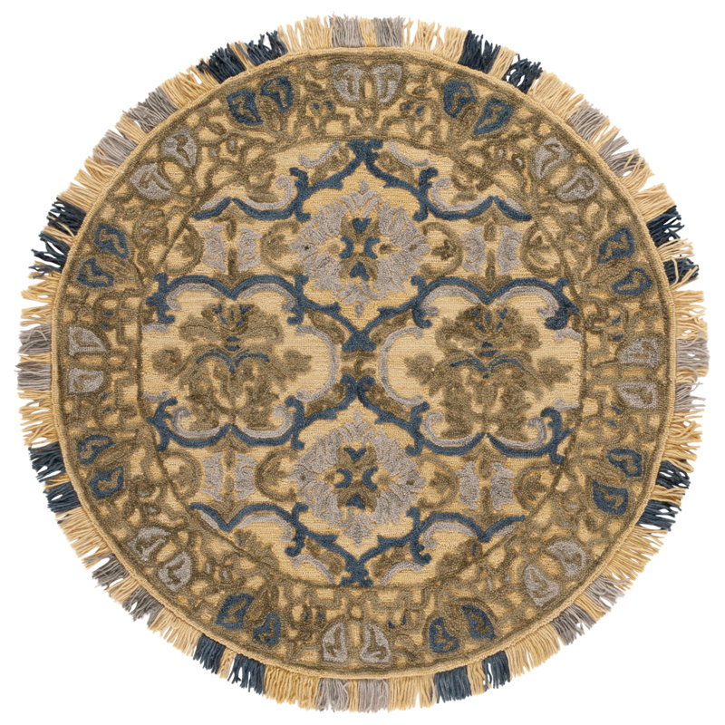 Blossom Tufted Wool/Cotton Performance Floral Rug in Blue/Gold, Round 6'
