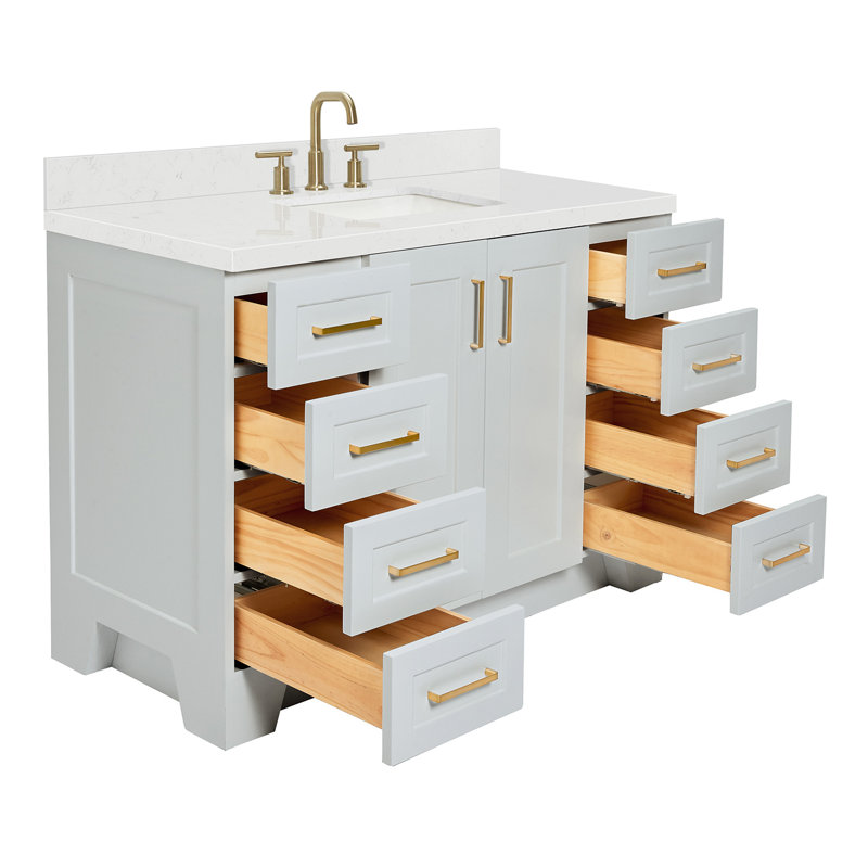 Freitas 48'' Solid Wood Single Bathroom Vanity, Carrara Quartz, Gray, Rectangle