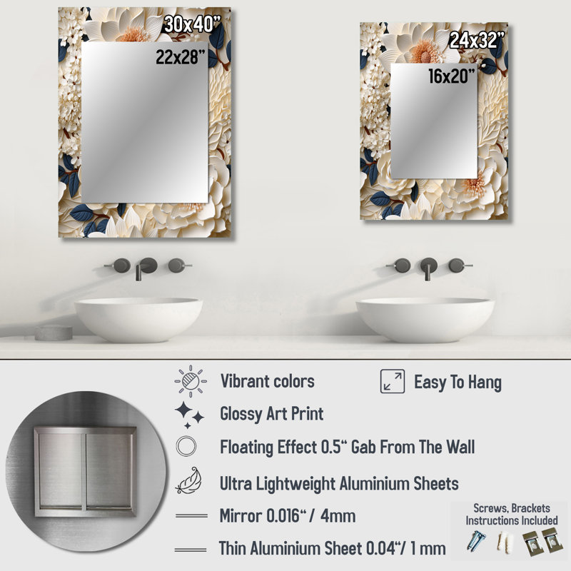 Burwan Cream Lace Botanics - Floral Mirror, Floral Unique Wall Mirror, Printed Metal Art, 40" x 30"