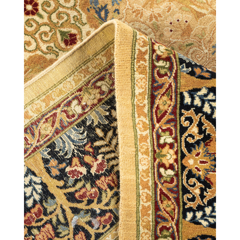 Tapis jaune / noir / bleu / ivoire noué à la main de conception unique 8 pi 1 po x 8 pi 4 po Hayner