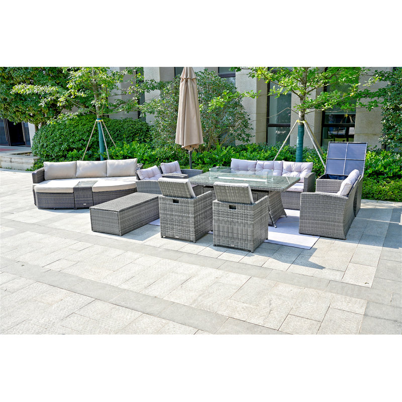 14 - Person Wicker Patio Dining Set with Rectangular Table , Cushions Included