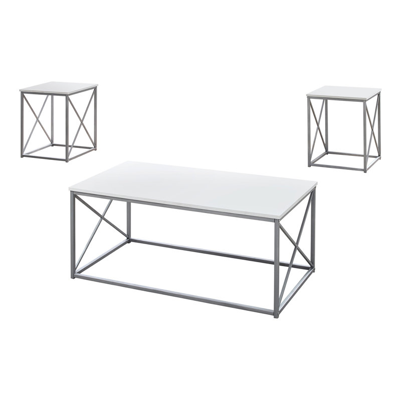 Ensemble de table, ensemble de 3 pièces, café, bout, côté, décor, salon, stratifié blanc, métal gris, contemporain, moderne